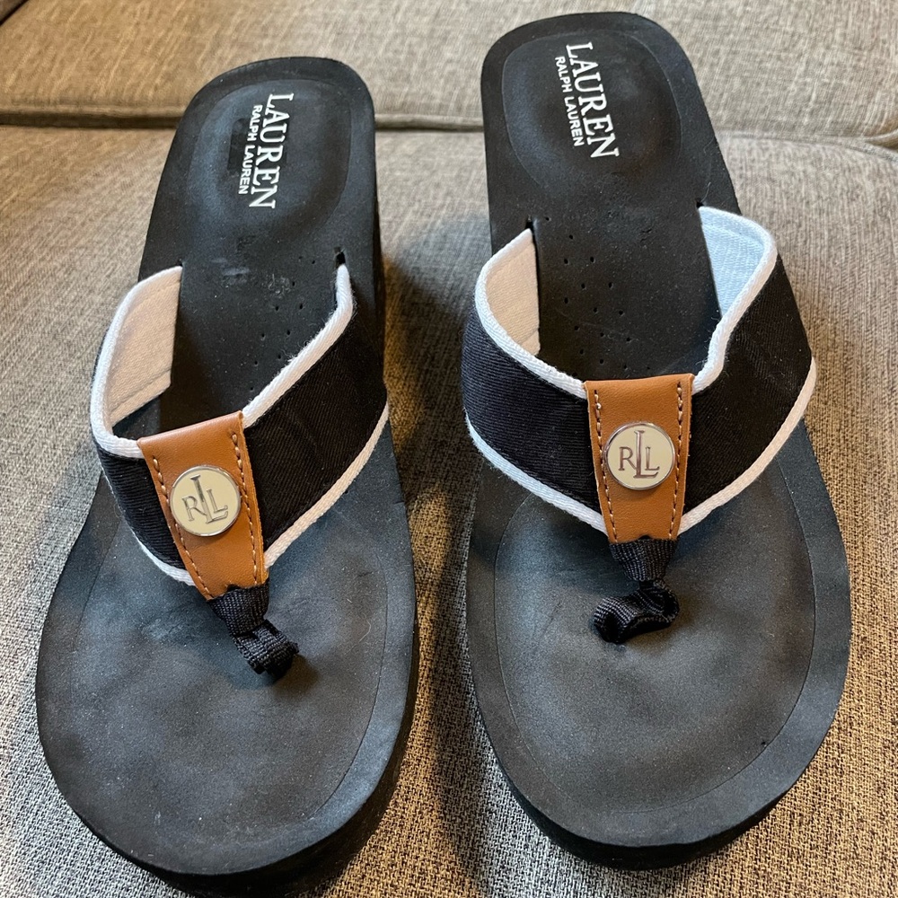 Lauren Ralph Lauren Platform Thong Logo Sandals Women’s 9.5 black white brown